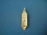 Gold mezuzah charm with a Star of David and raised Hebrew letters down the front, on blue