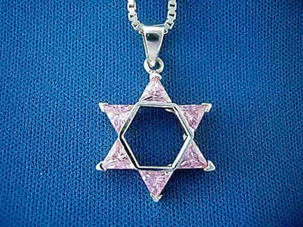 Sterling Star of David pendant with six pale pink triangle stones around an open hexagon on blue