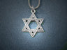 Etched sterling Star of David with raised border lines on a popcorn chain, knit backdrop