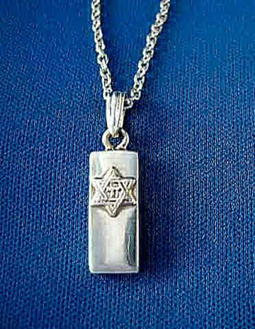 Rectangular silver mezuzah charm with a Star of David enclosing a Chai, on a rolo-style chain