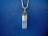 Small rectangular silver mezuzah charm with engraved tablets at the top, on a box chain