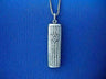Antiqued silver column mezuzah pendant with ribbed texture and small Star of David, on blue