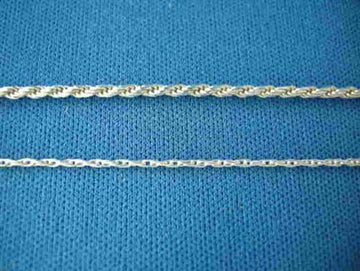 Two rope chains on blue; the thicker upper one is the 1.5 mm diamond cut sterling rope