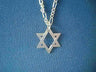 Small sterling silver two-piece Star of David on a figaro chain against blue knit fabric