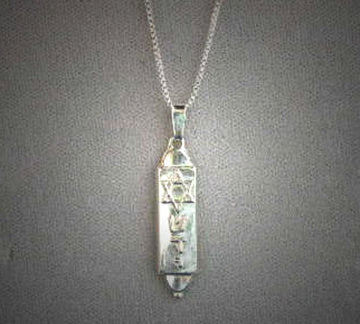 Silver mezuzah pendant with a Star of David and raised Hebrew letters, on a chain