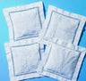 Four white hemstitched sachets embroidered with menorah, Shabbat, branch and tree designs on a blue backdrop