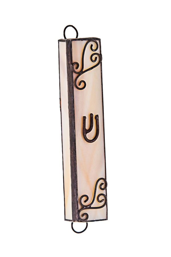 Stained Glass White and Tan Mezuzah Case | Judaica Square Lakewood