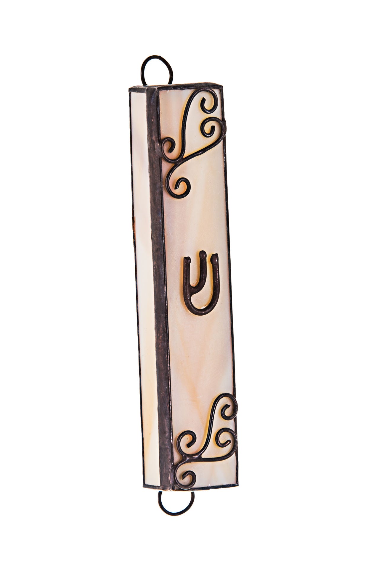 Stained Glass White and Tan Mezuzah Case | Judaica Square Lakewood