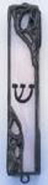 Pale pink stained glass mezuzah case with filigree metal frame and a lettered Shin