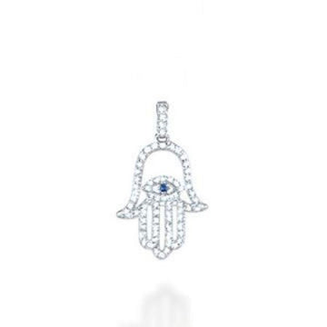 Diamond-outlined 14K white gold Hamsa with a blue sapphire eye at center, on white