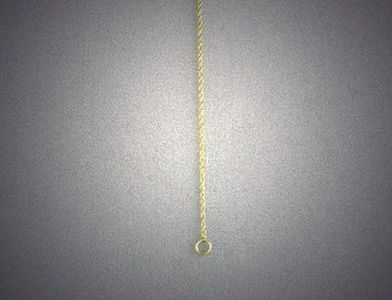 Slender gold rope chain hanging vertically against a grey backdrop, ring clasp at bottom