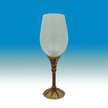Tall Kiddush goblet with clear bowl on an amber enamel jeweled stem and scalloped gold-tone foot