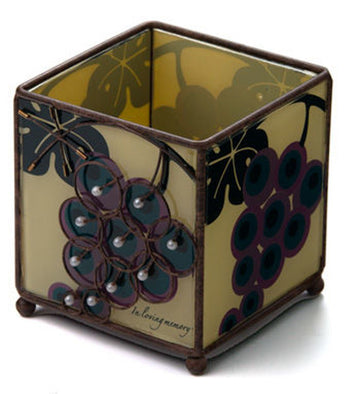 Cream glass memorial candle holder with purple grape cluster, pearl accents and In Loving Memory script