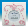White square frame with pink wire dress outline, hanger, bow and two Stars of David around round window