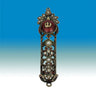Antique brass openwork mezuzah case with burgundy enamel Shin medallion, green enamel, pearls and crystals