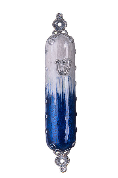 Jeweled Royal Blue and light blue enamel Silver Mezuzah Case — alternate view | Judaica Square Lakewood