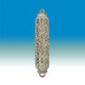 Silvertone mezuzah case with white enamel scrollwork, crystals and heart detail, on a blue backdrop