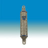 Ornate silver-tone mezuzah case with royal blue enamel Shin and bands and filigree scrollwork