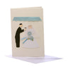 Cream wedding card with layered bride in veil and groom with cup under a blue chuppah, envelope below