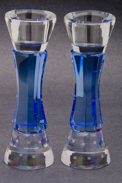 Blue and Clear with Stars Candlesticks — alternate view | Judaica Square Lakewood