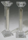 Pair of tall crystal candlesticks with stepped square bases and textured sterling silver column panels