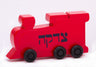 Red wooden train tzedakah box with Hebrew Tzedakah lettering and black wheels