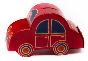 Red tooled leather Beetle car tzedakah box with blue windows and round wheels