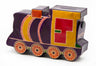 Purple tooled leather train-shaped tzedakah box with yellow cab, red panels and orange wheels