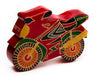 Red tooled leather motorbike tzedakah box with green and yellow details and spoked wheels