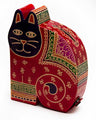 Seated red tooled leather cat tzedakah box with navy face and patterned coat