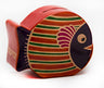Round tooled leather fish tzedakah box with orange and green stripes and navy face