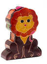 Hand-painted tooled leather lion tzedakah box standing upright, red mane and smiling gold face