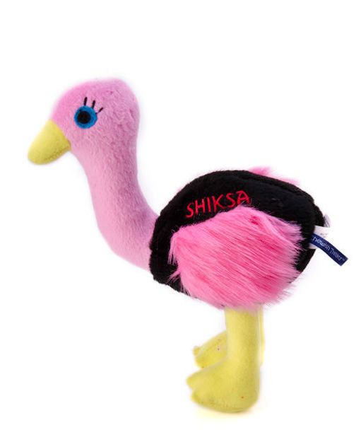 Pink plush ostrich pet toy with black body embroidered SHIKSA in red, fluffy pink tail and yellow feet
