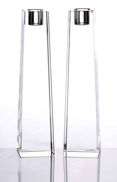 Obelisk Clear Small Candlesticks — alternate view | Judaica Square Lakewood
