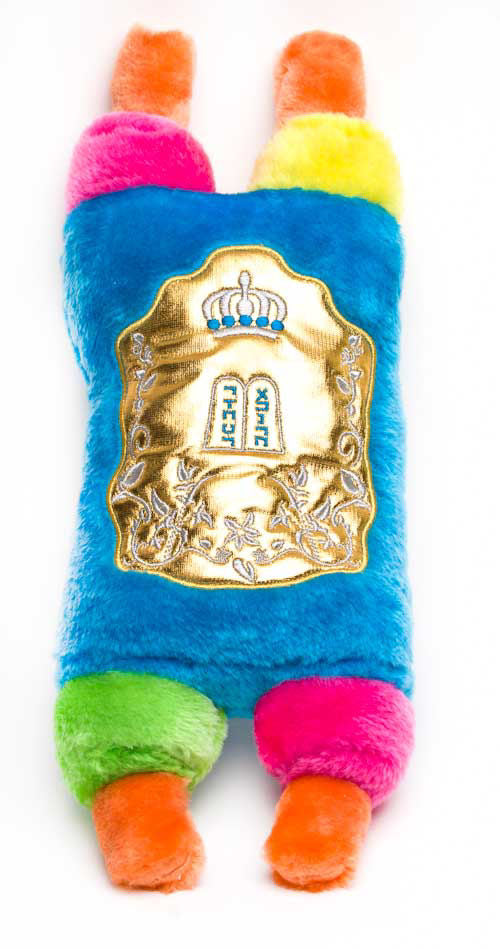 Blue plush toy Torah with gold crown and tablets appliqué and pink, yellow, green and orange rollers