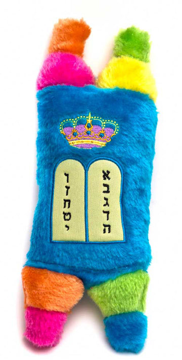 Small plush Torah with blue cover, embroidered crown and Hebrew tablets and rainbow rollers