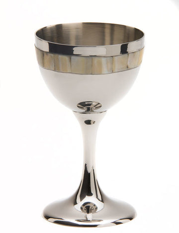 Polished silver-tone Kiddush goblet with a mother of pearl tile band below the rim