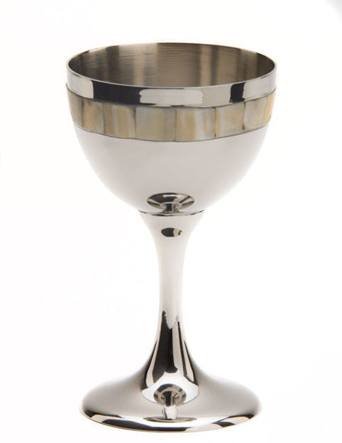 Mother of Pearl Kiddush Cup — Silver Tone Goblet with Inlaid Rim