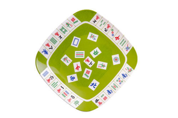 Rounded square melamine Mah Jongg plate with scattered tiles on a lime green center and tile-printed rim