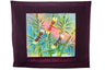 Batik challah cover with dragonflies among green bamboo leaves, maroon border and Shabbat Shalom in English
