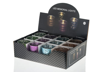 Display box of twelve LED memorial lights in blue, brown, green and purple holders