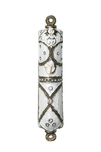 White with stones Mezuzah Case — alternate view | Judaica Square Lakewood