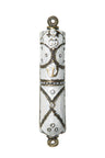 White enamel mezuzah case with antique beaded trim, clear stones and a Shin near the top