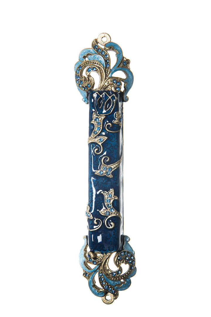 Deep blue enamel mezuzah case with gold-tone and light blue scroll ends and blue stones