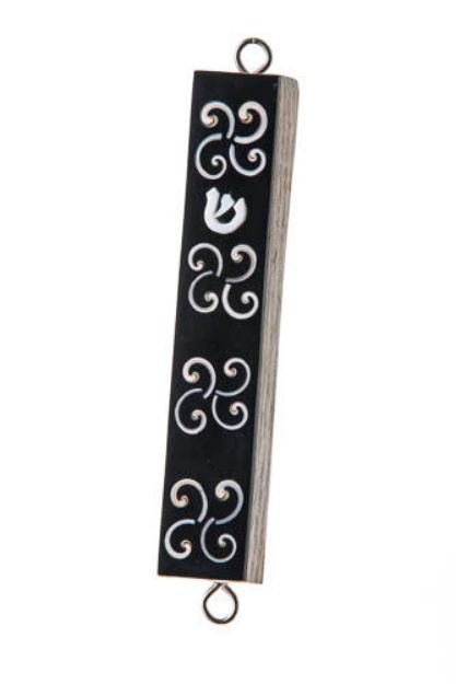 Dark teak mezuzah case with white shell scroll inlays, a shell Shin and metal hanging loops