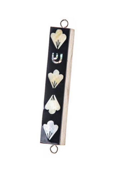 Dark teak mezuzah case inlaid with cream shell fan motifs and an iridescent shell Shin