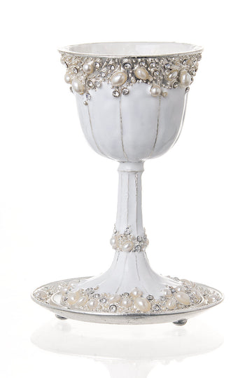 White enamel Kiddush cup encrusted with creamy pearls and crystals on a matching jeweled tray