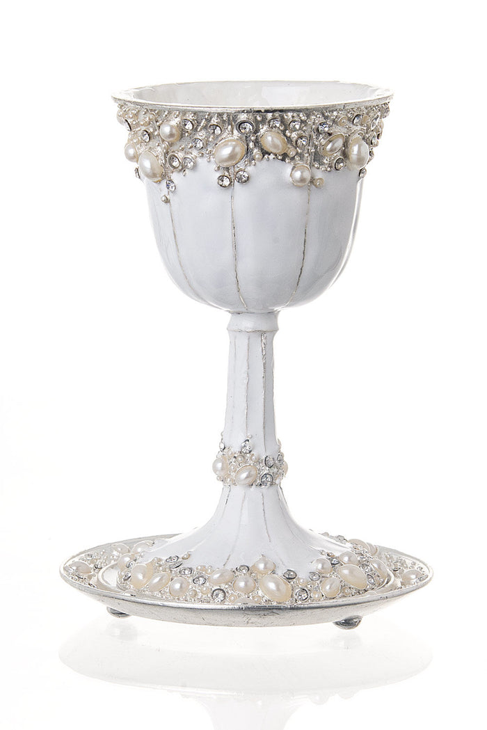 White enamel Kiddush cup encrusted with creamy pearls and crystals on a matching jeweled tray