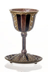 Amber enamel Kiddush cup with gold bands, seed pearls and crystals on a round jeweled tray