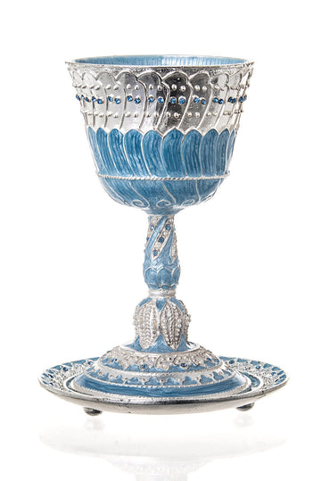 Blue enamel Kiddush cup with silvertone jeweled rim and twisted stem on matching round tray